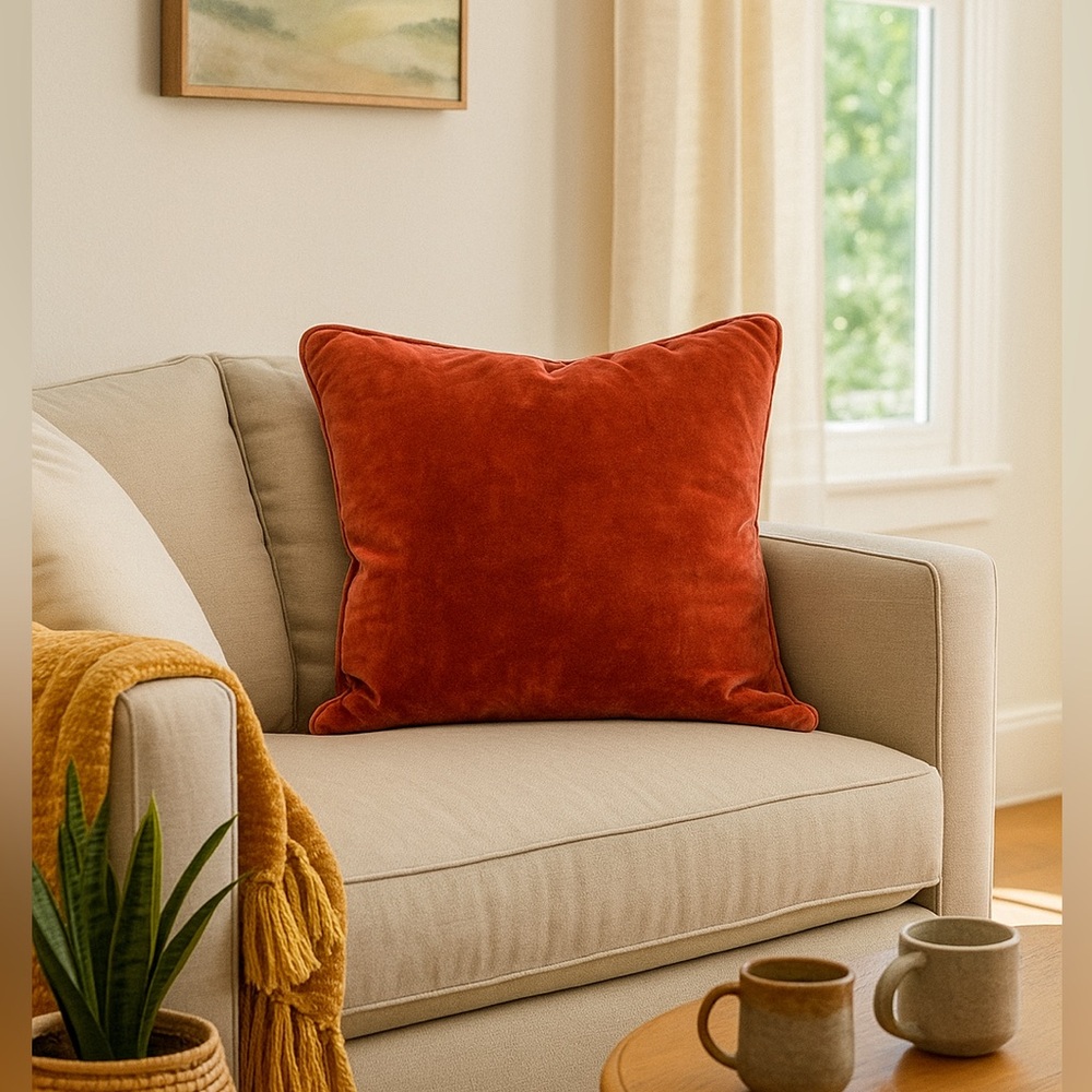 Velvet Washed Rust Orange Red 22 inch Square Throw Pillow Cover Cotton
